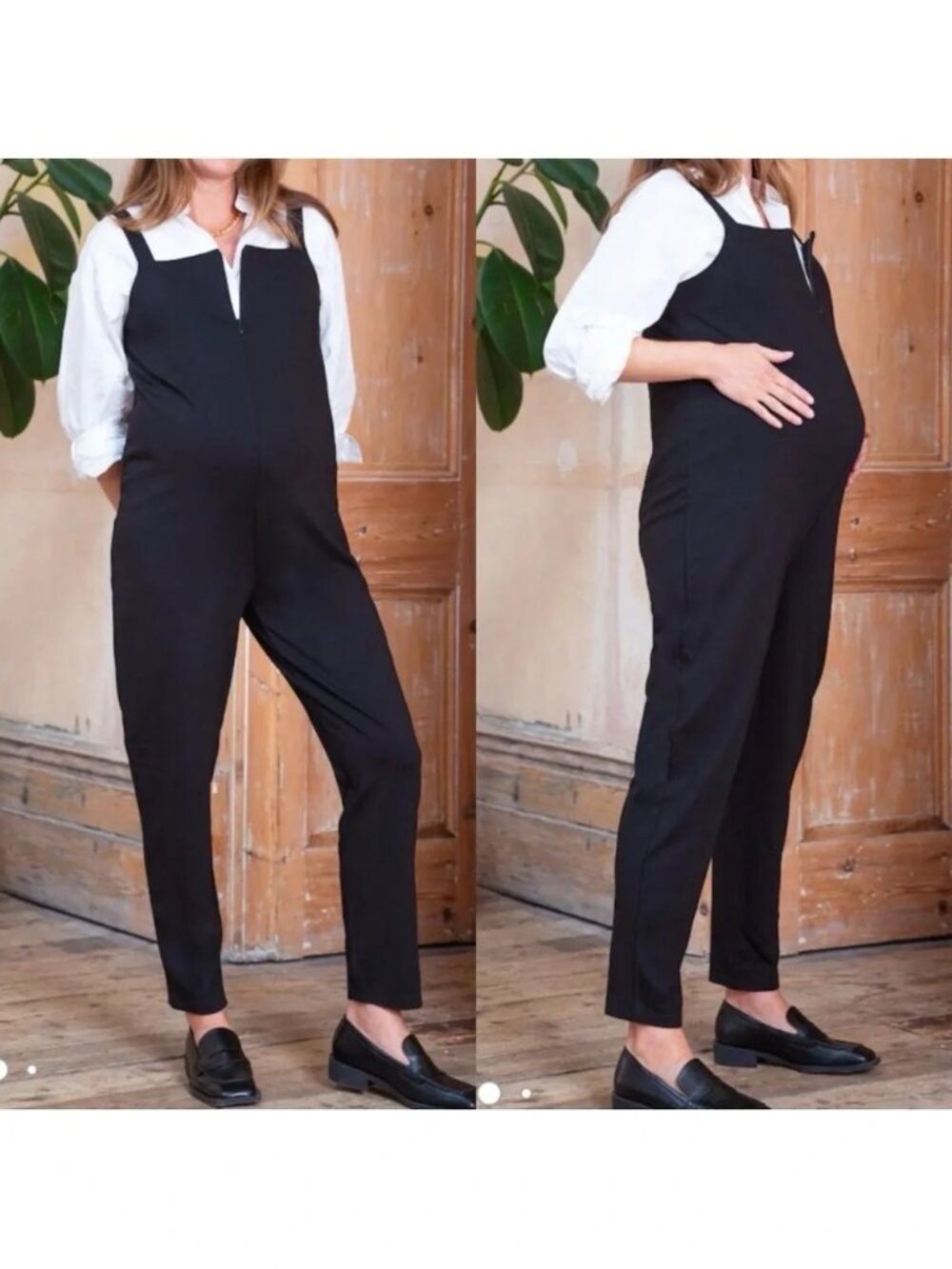 Seraphine Size 2 Black Maternity Front-Zip Jumpsuit Overalls